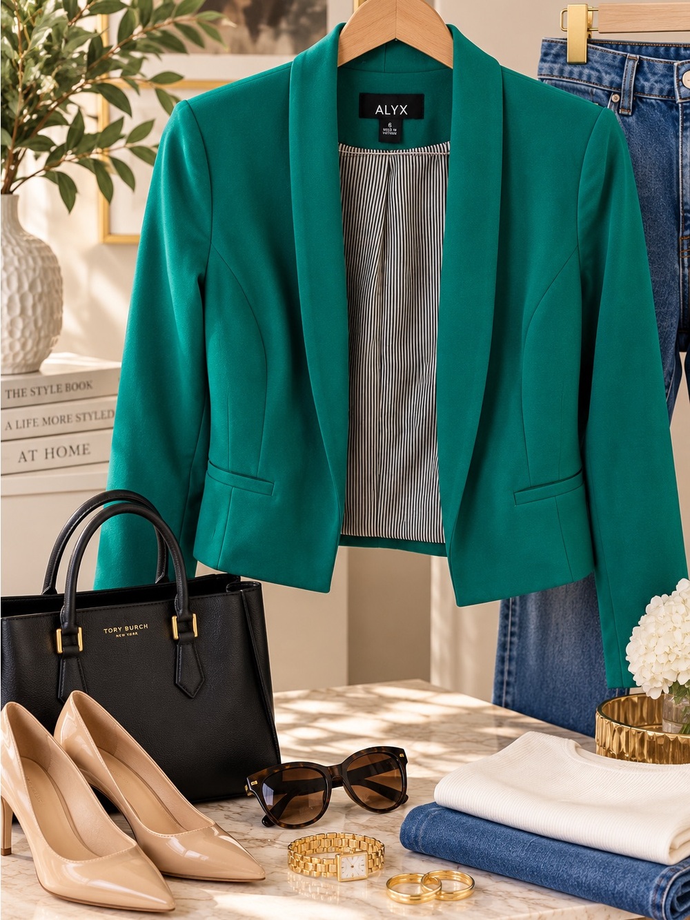 ALYX Emerald Teal Green Cropped Blazer Size 6 Open Front Tailored Workwear